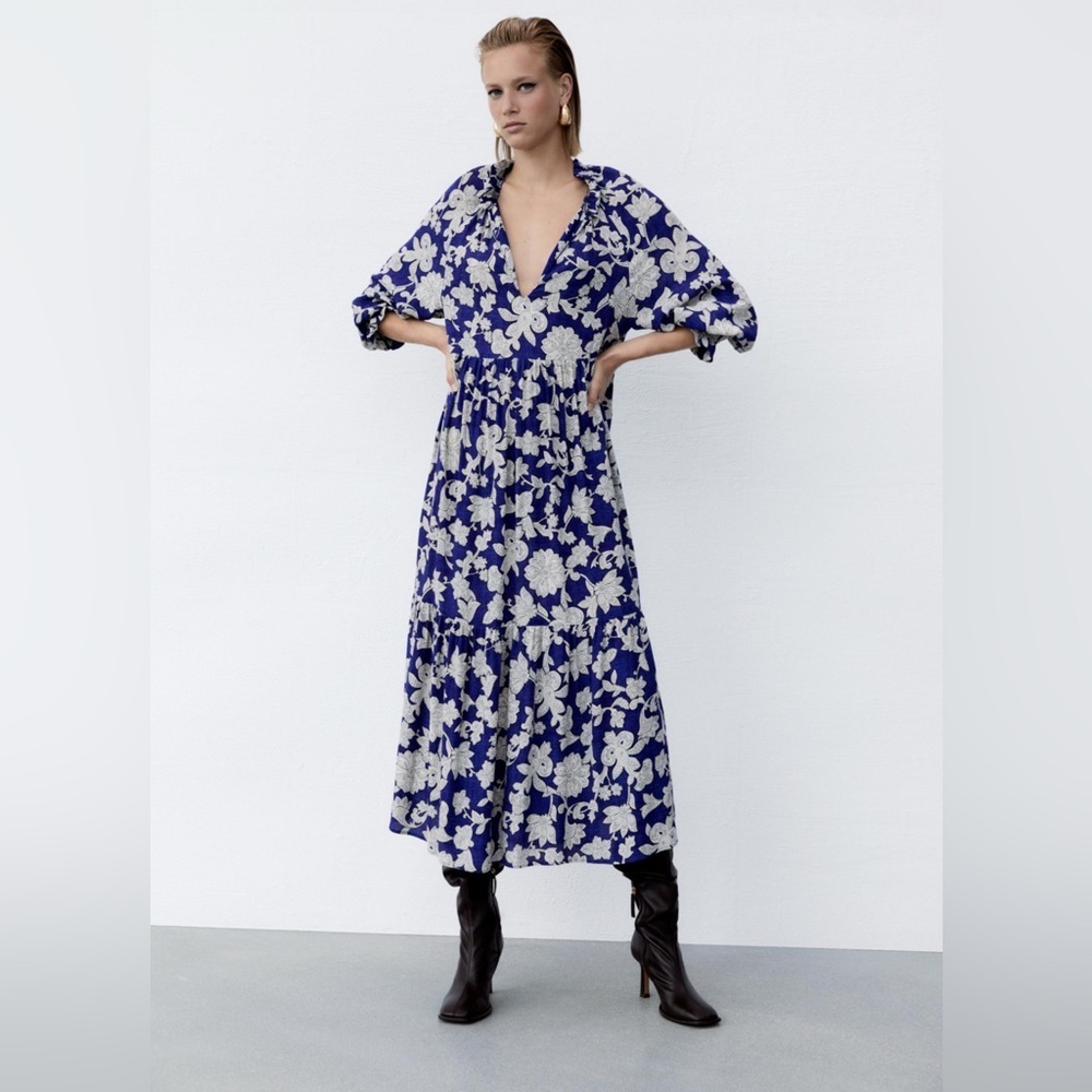Zara Oversized Floral Print Dress ruffled round neck blue Size XS